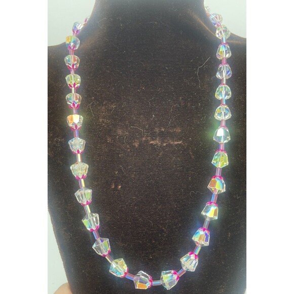 Vintage Vendome Aurora Borealis Crystal Fuschia Metal Necklace Earring Set Rare - Picture 2 of 15